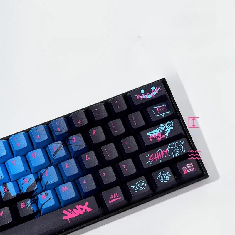 Close-up of Jinx themed keycaps with vibrant art