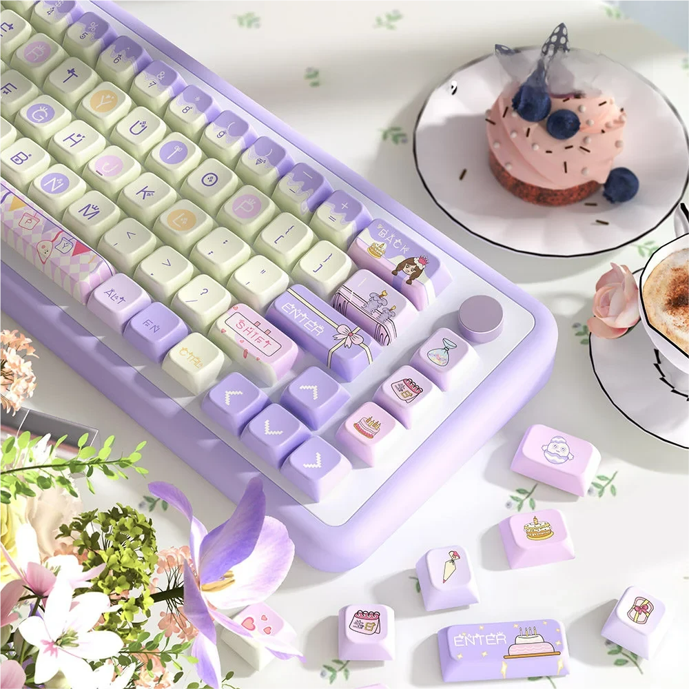 Close-up of Joyful Birthday MDA keycaps showing cake and balloon designs