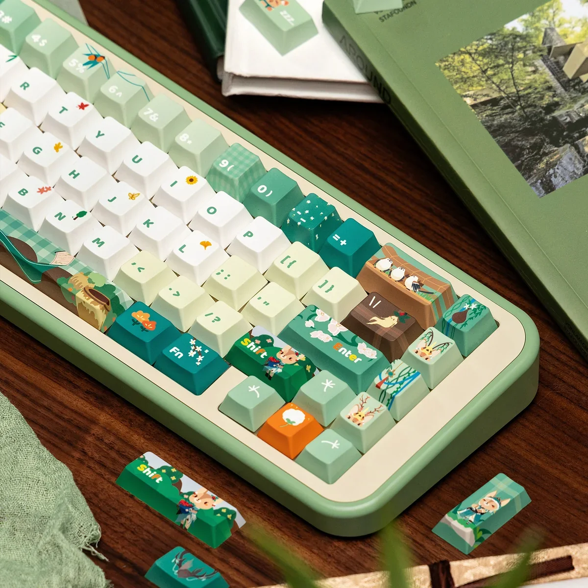 Close-up of JX3 Medicine Clan botanical keycap designs and Cherry profile