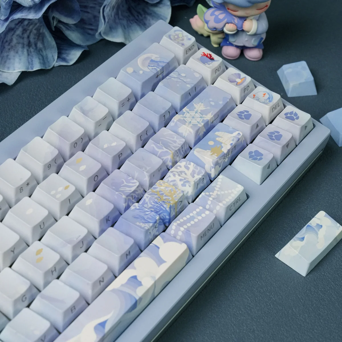 Side view of JX3 Penglai Cherry profile keycaps, demonstrating ergonomic shape.