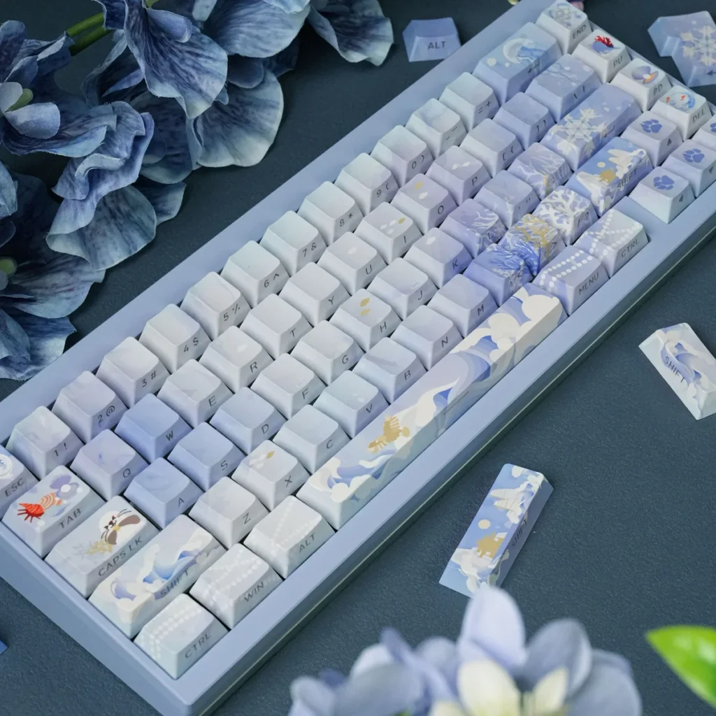 JX3 Penglai PBT Keycap Set on a mechanical keyboard, showcasing mystical ocean design.