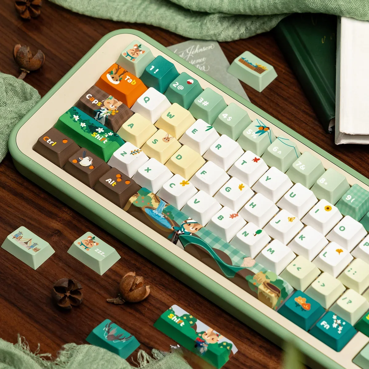 JX3 Medicine Clan keycap set with various botanical and character accent keys