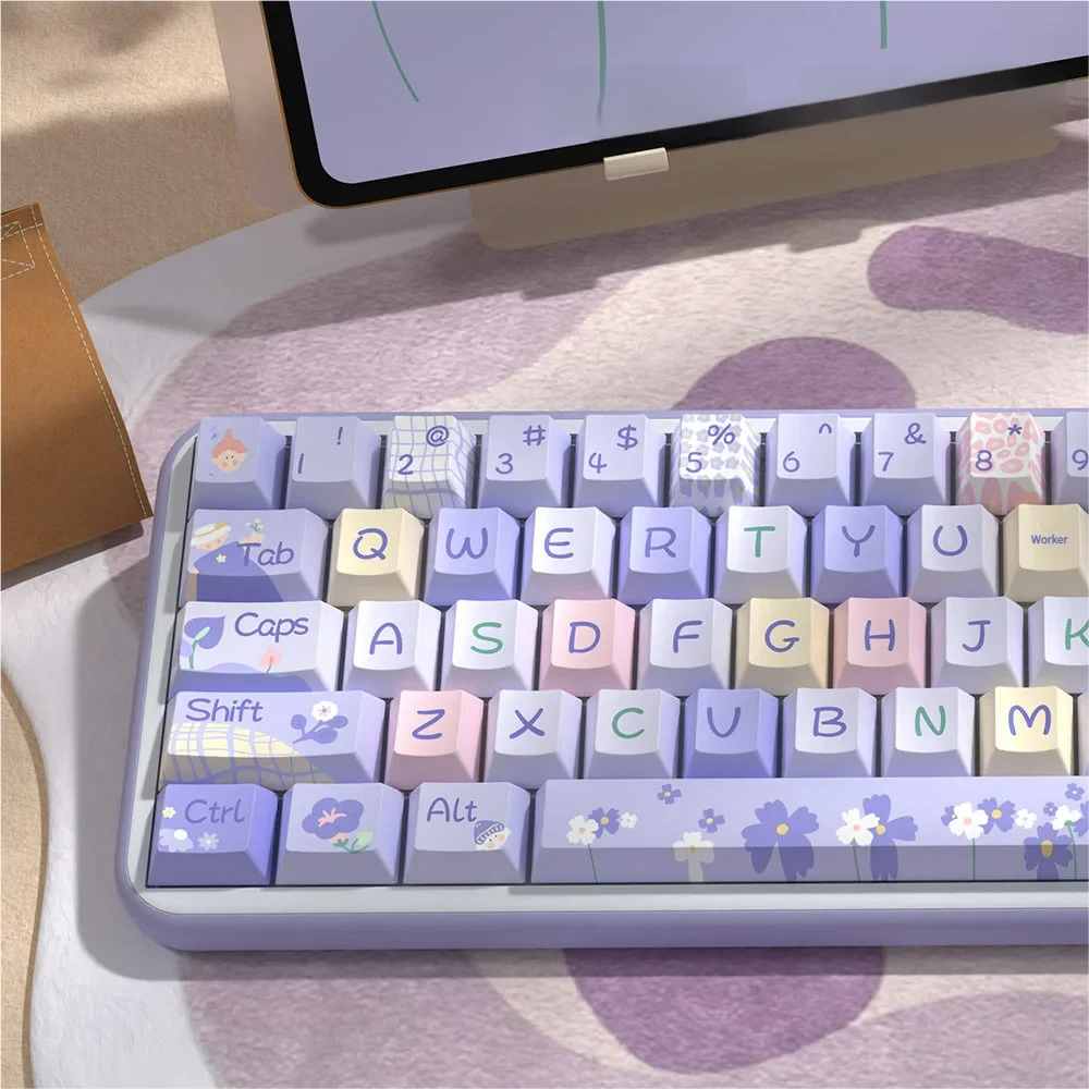 Top-down view of a keyboard featuring the Floral Girl PBT Keycap Set, emphasizing the full layout compatibility.