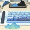 Lakes & Mountains keycap set installed on a full-size mechanical keyboard, creating a peaceful desktop aesthetic