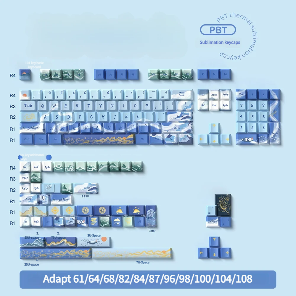 Lifestyle image of Lakes & Mountains keycaps on a desk setup with natural elements, emphasizing tranquility