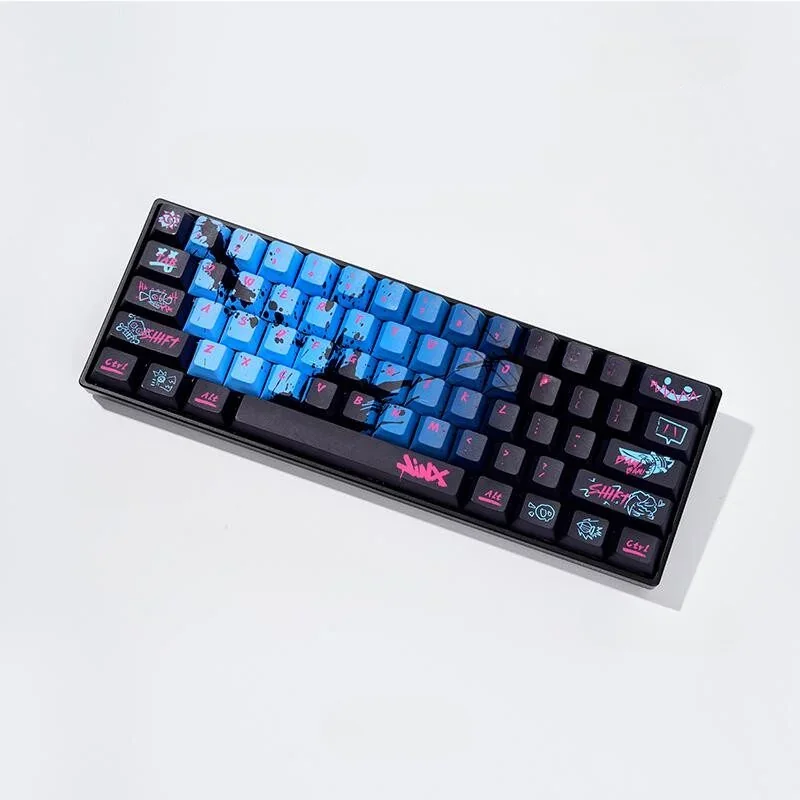 League of Legends Jinx keycap set installed on a gaming keyboard