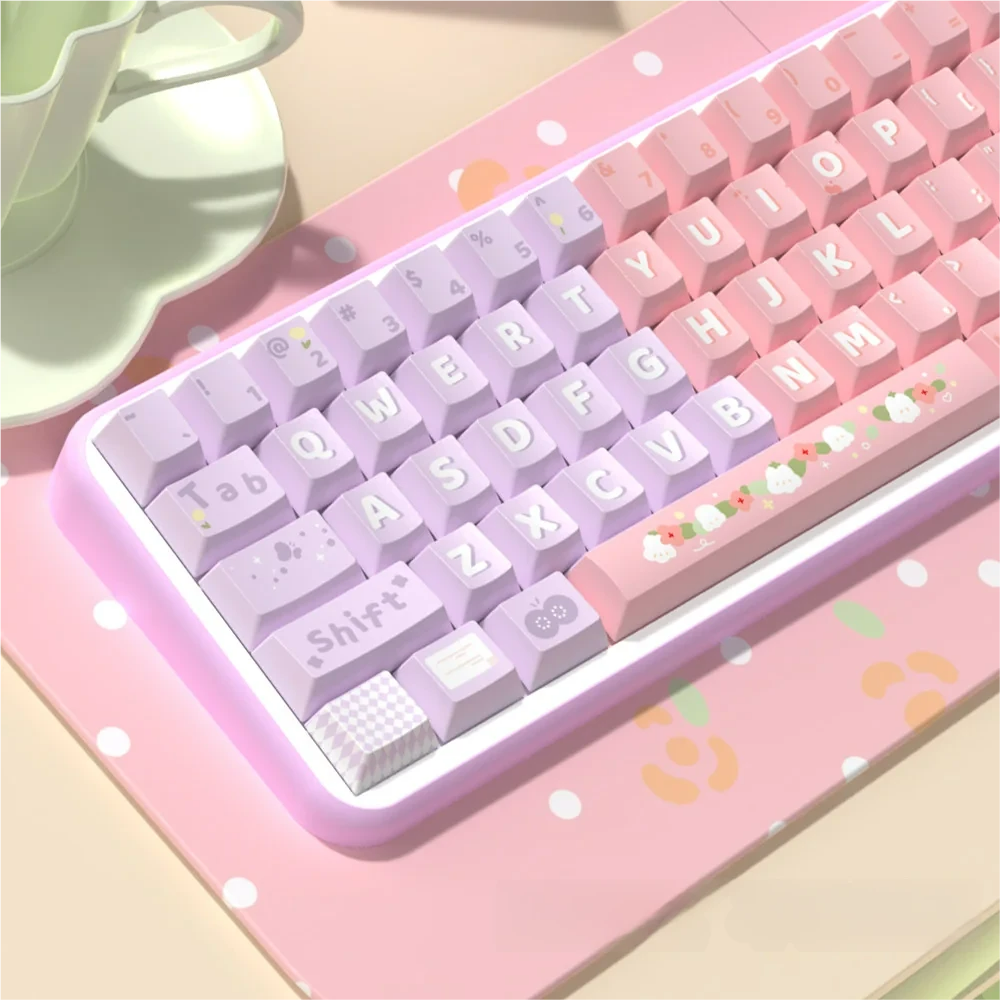 Close-up of Lily of the Valley keycaps, highlighting the dye-sublimated floral detail and Cherry profile