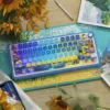 Close-up of Luminous Translucent PBT Keycap Set on a backlit keyboard, showcasing four-sided RGB illumination.