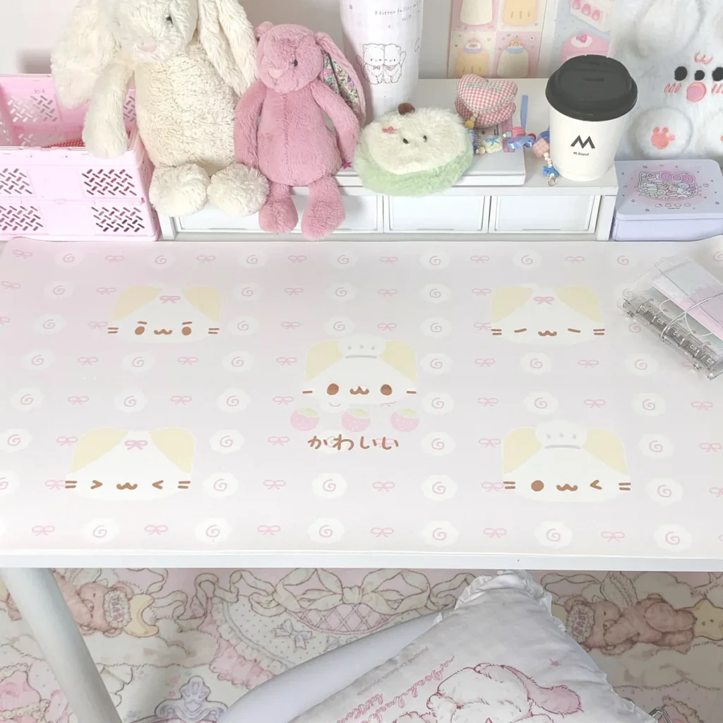 Marshmallow Cat Desk Mat with pastel pink and white theme