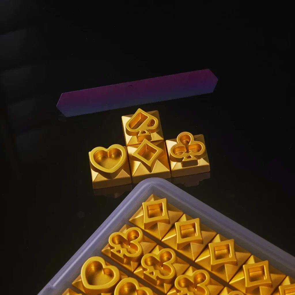 Poker Suits Metal Keycap installed on an MX-style switch, demonstrating compatibility.