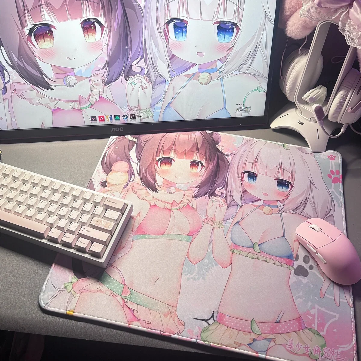 Close-up of Nekopara Chocola and Vanilla catgirl character Mouse Pad, vibrant and detailed