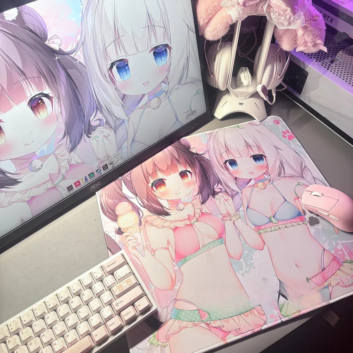 Layout diagram of Nekopara Mouse Pad, indicating accessories sizes and compatibility for various keyboards