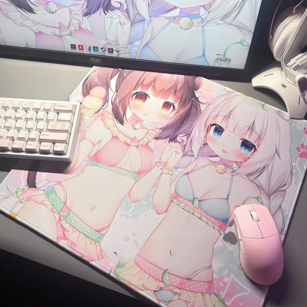Nekopara Summer Catgirl Mouse Pad on a white mechanical keyboard, showcasing full layout