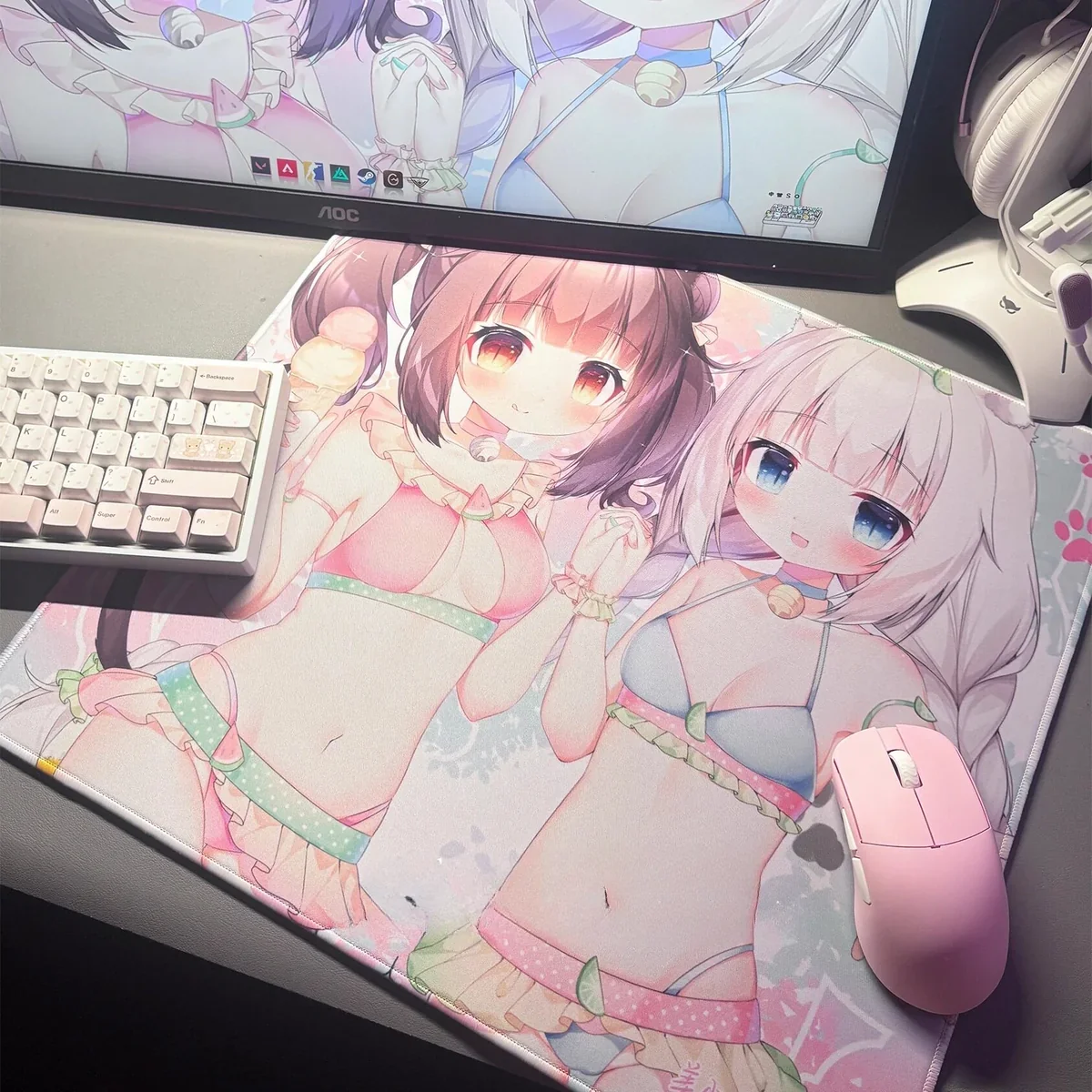 Nekopara Summer Catgirl Mouse Pad on a white mechanical keyboard, showcasing full layout