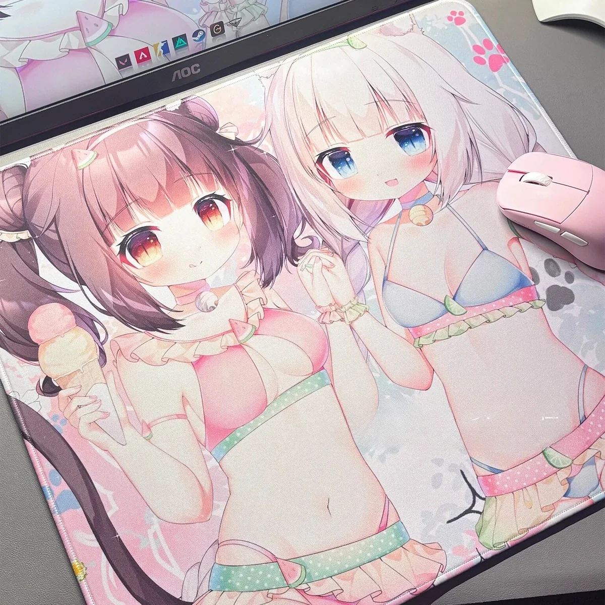 Nekopara themed desk setup with mousepad, and anime figures