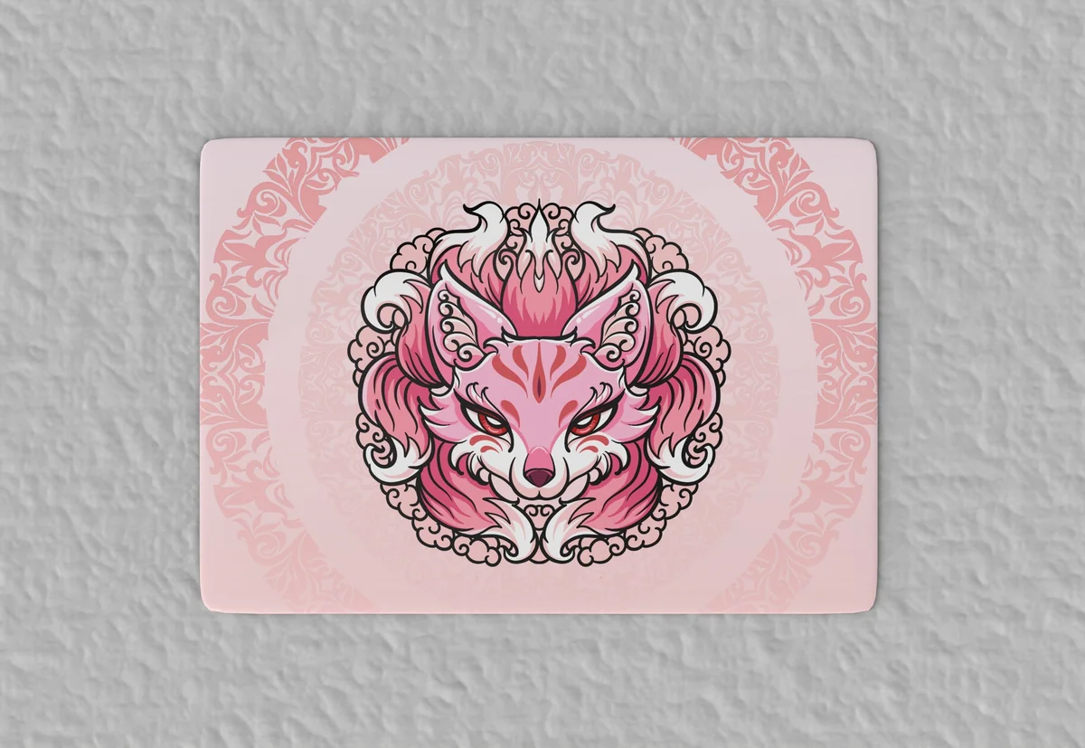 Close-up of Nine-tailed Fox art print detail on desk mat