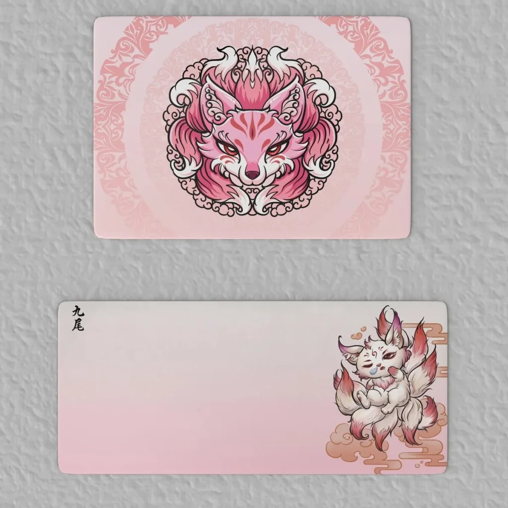 Nine-tailed Fox mythological art desk mat on a modern desk setup