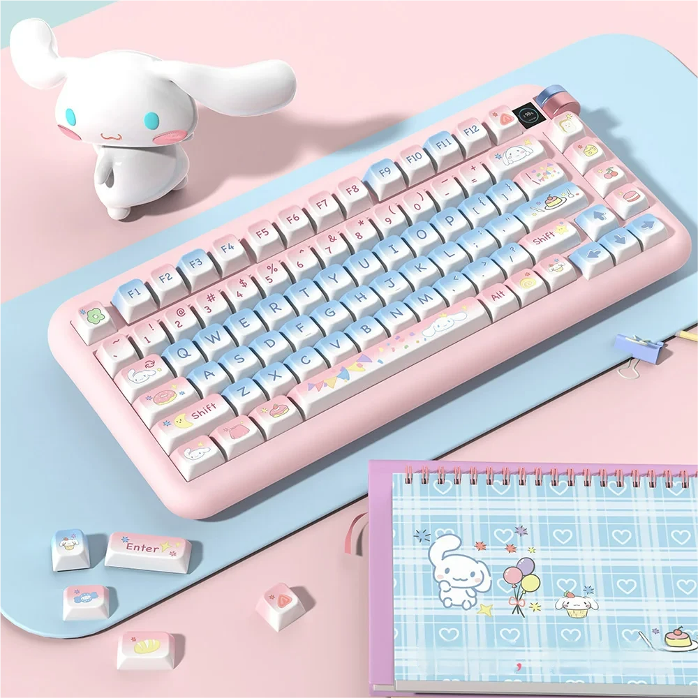 Cinnamoroll keycaps on a keyboard, with a focus on the soft blue-pink pastel colors