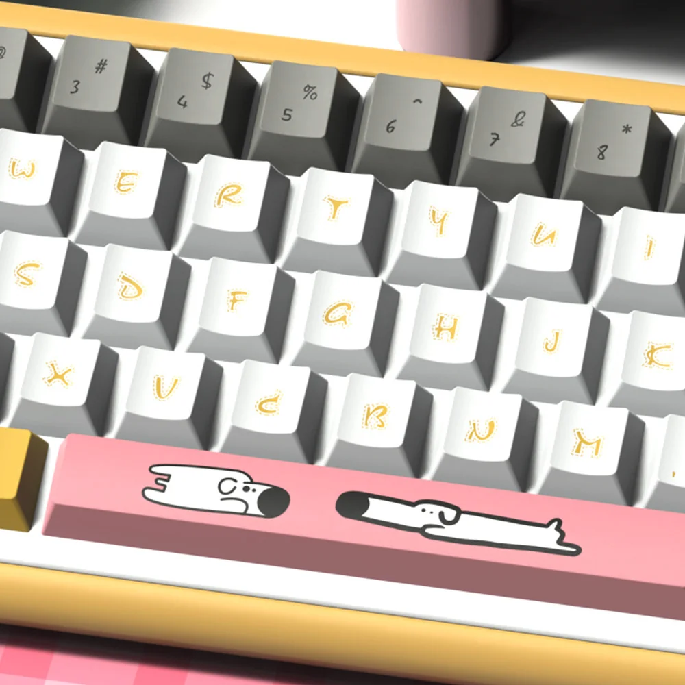 Overhead view of a keyboard equipped with the Playful Dog Keycap Set, demonstrating full layout coverage.