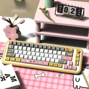 Playful Dog PBT Dye-Sub Keycap Set on mechanical keyboard, showcasing vibrant dog illustrations and paw prints.