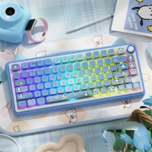 Pochacco PBT Keycap Set on a mechanical keyboard with vibrant side-lit RGB lighting