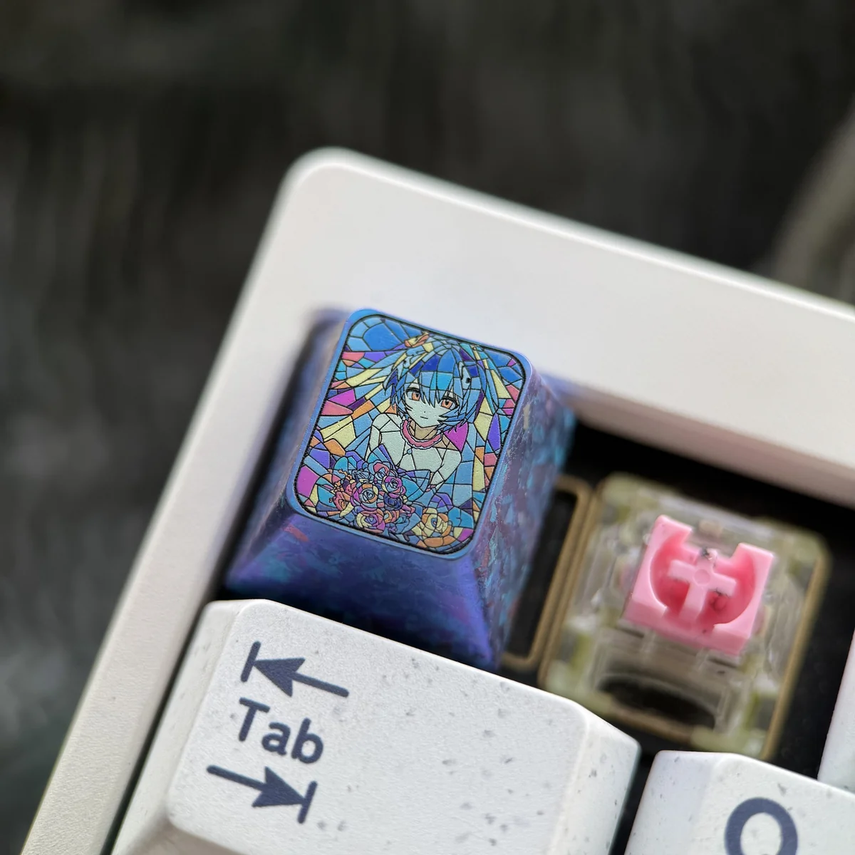 Evangelion themed artisan keycap showcasing premium titanium finish
