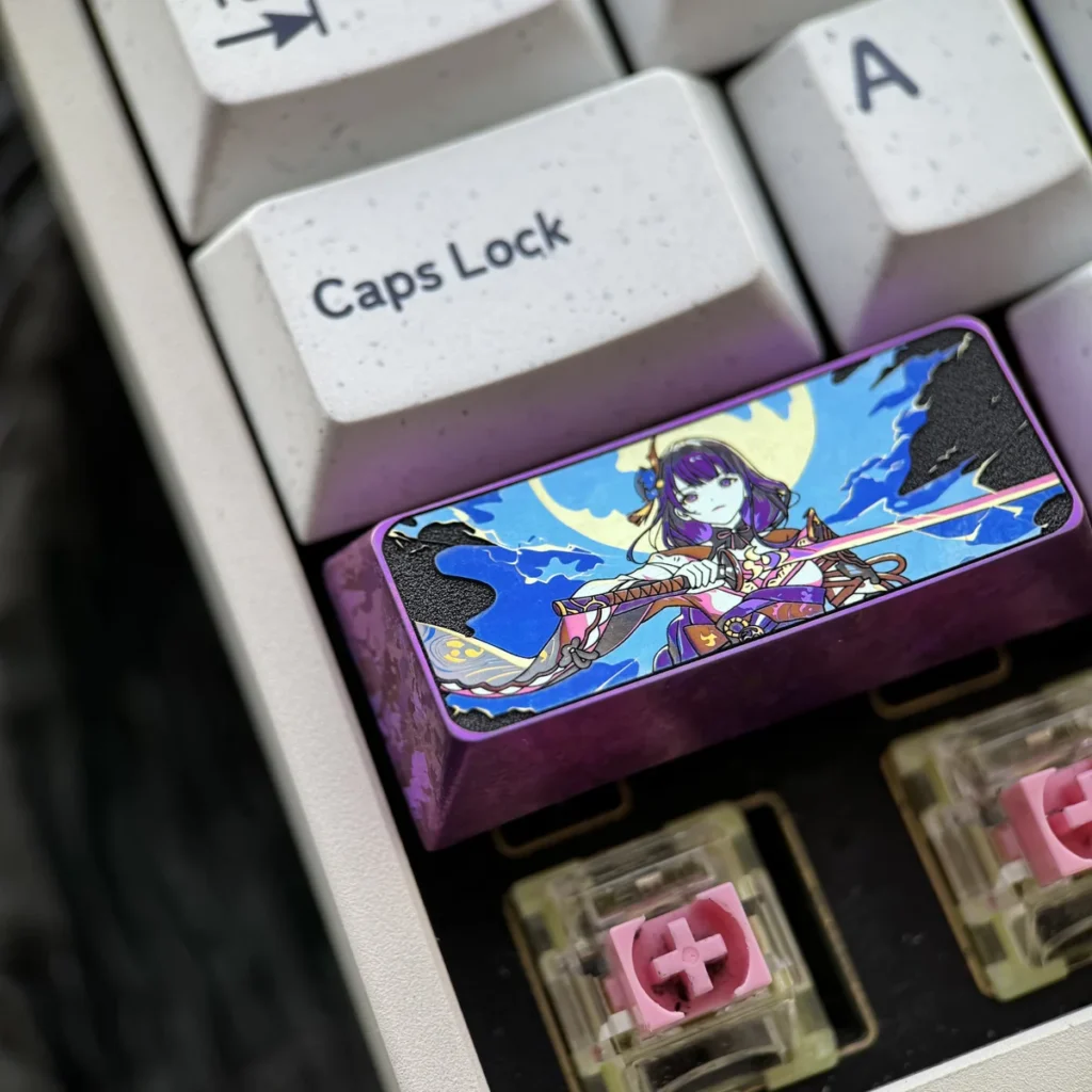 Raiden Shogun keycap installed on a keyboard, demonstrating its premium look and fit