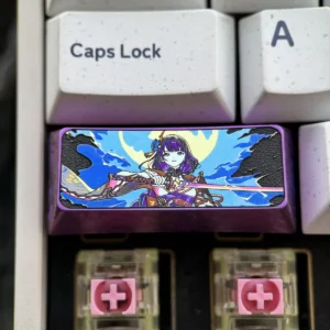 Raiden Shogun titanium Enter keycap with intricate character art on a mechanical keyboard