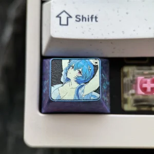 Rei Ayanami titanium keycap on a mechanical keyboard, close-up, showcasing iconic design.