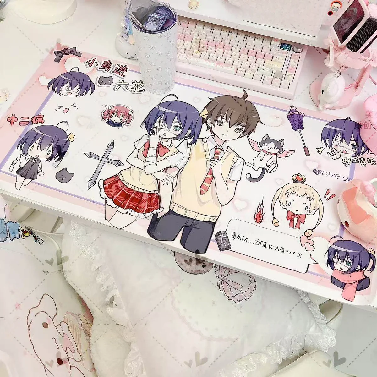 Rikka Takanashi character art on Desk Mat with workspace background