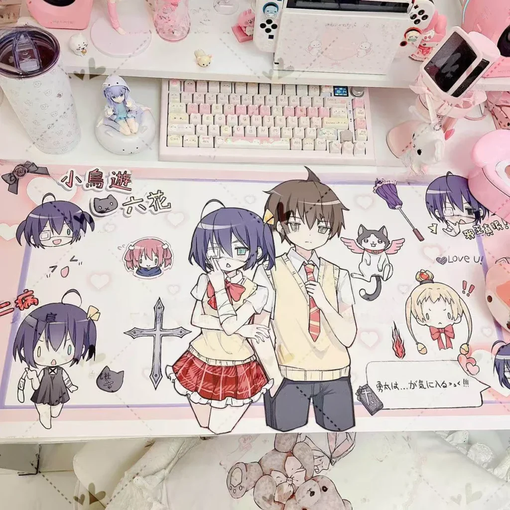Rikka Takanashi Desk Mat on workspace, showing vibrant anime art