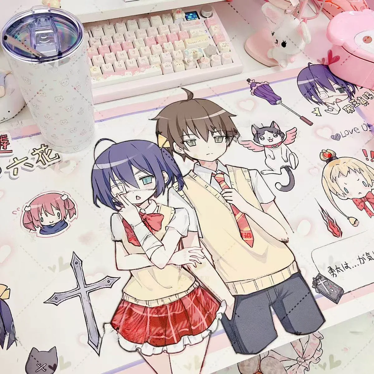 Ergonomic view of Rikka Takanashi Desk Mat, showcasing unique design