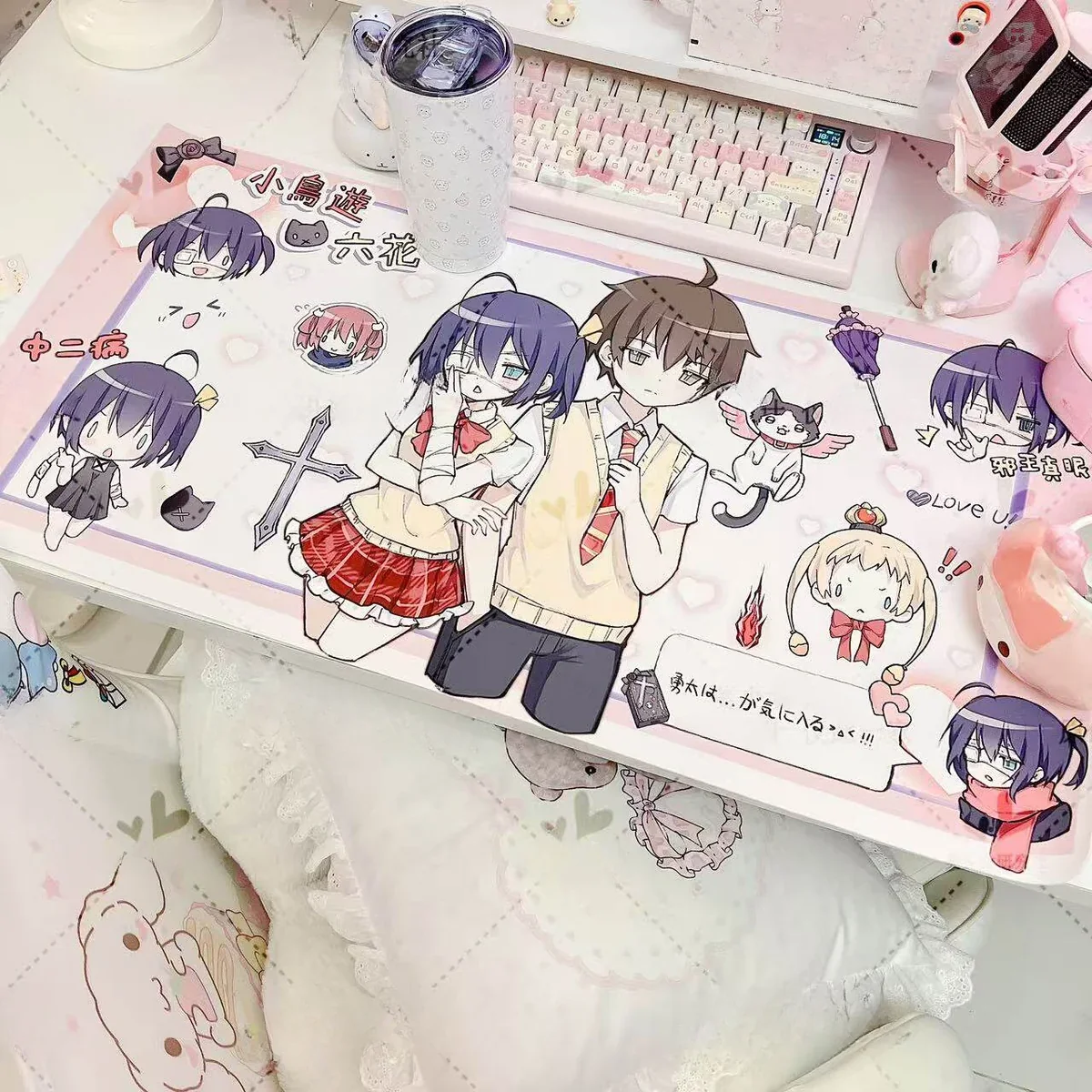 Full layout of Rikka Takanashi themed Desk Mat, multiple angles