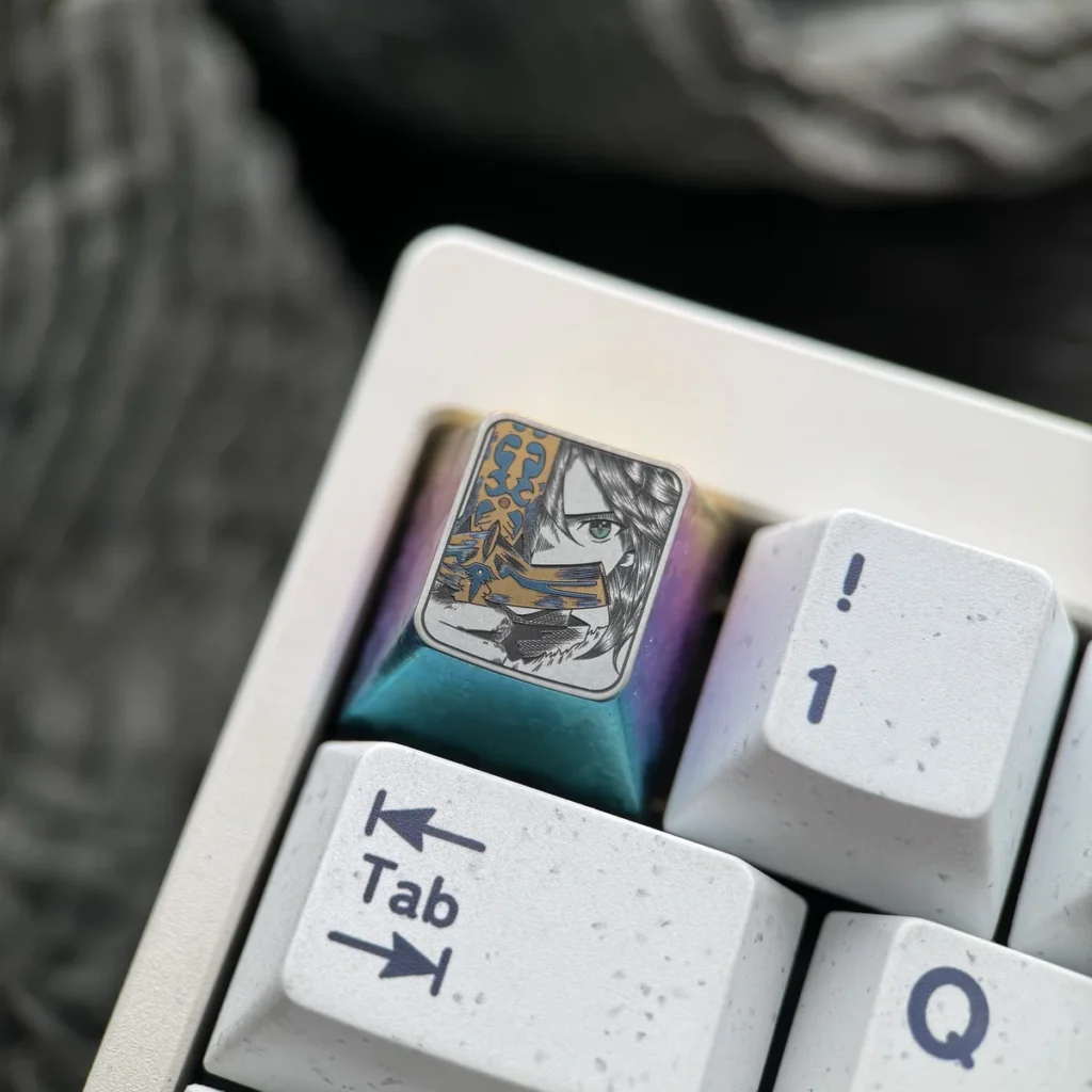 Collection of artisan keycaps including Saber, on a gaming keyboard setup