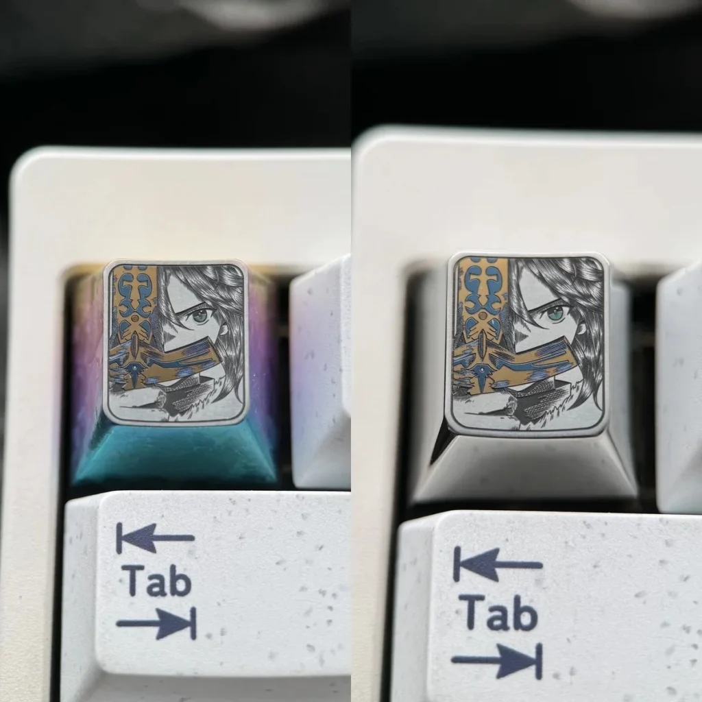 Saber Fate/Stay Night titanium keycap with iridescent ice finish on mechanical keyboard