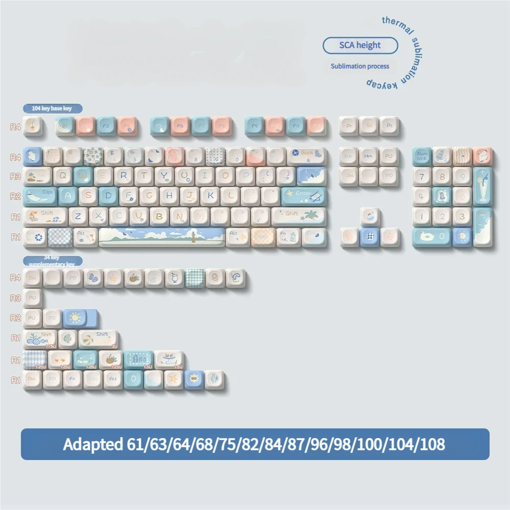 Beach Summer keycaps arranged to show the varying heights and angles of the SCA profile across different rows