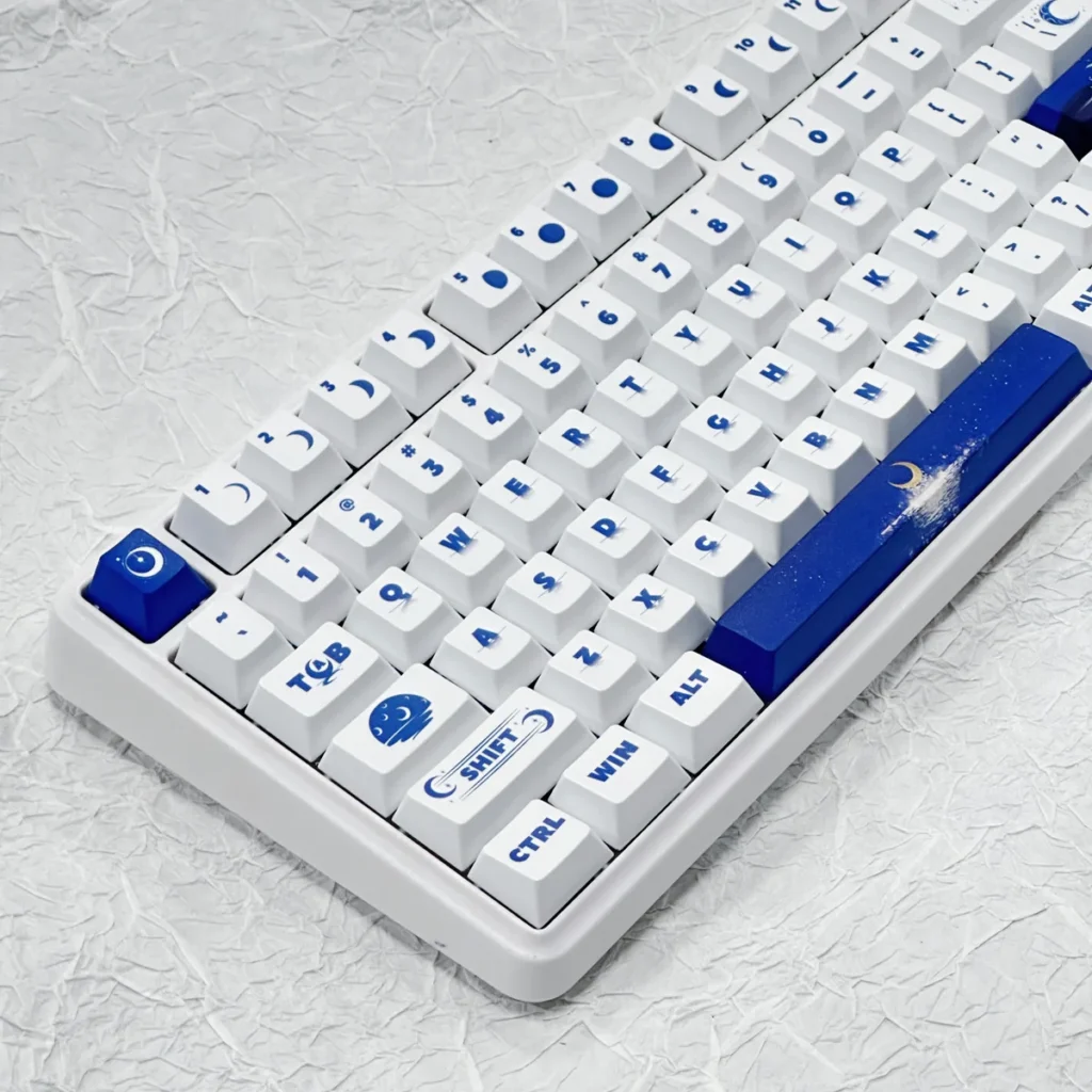 Close-up of Sea Moon design on PBT keycaps, showcasing crisp legends
