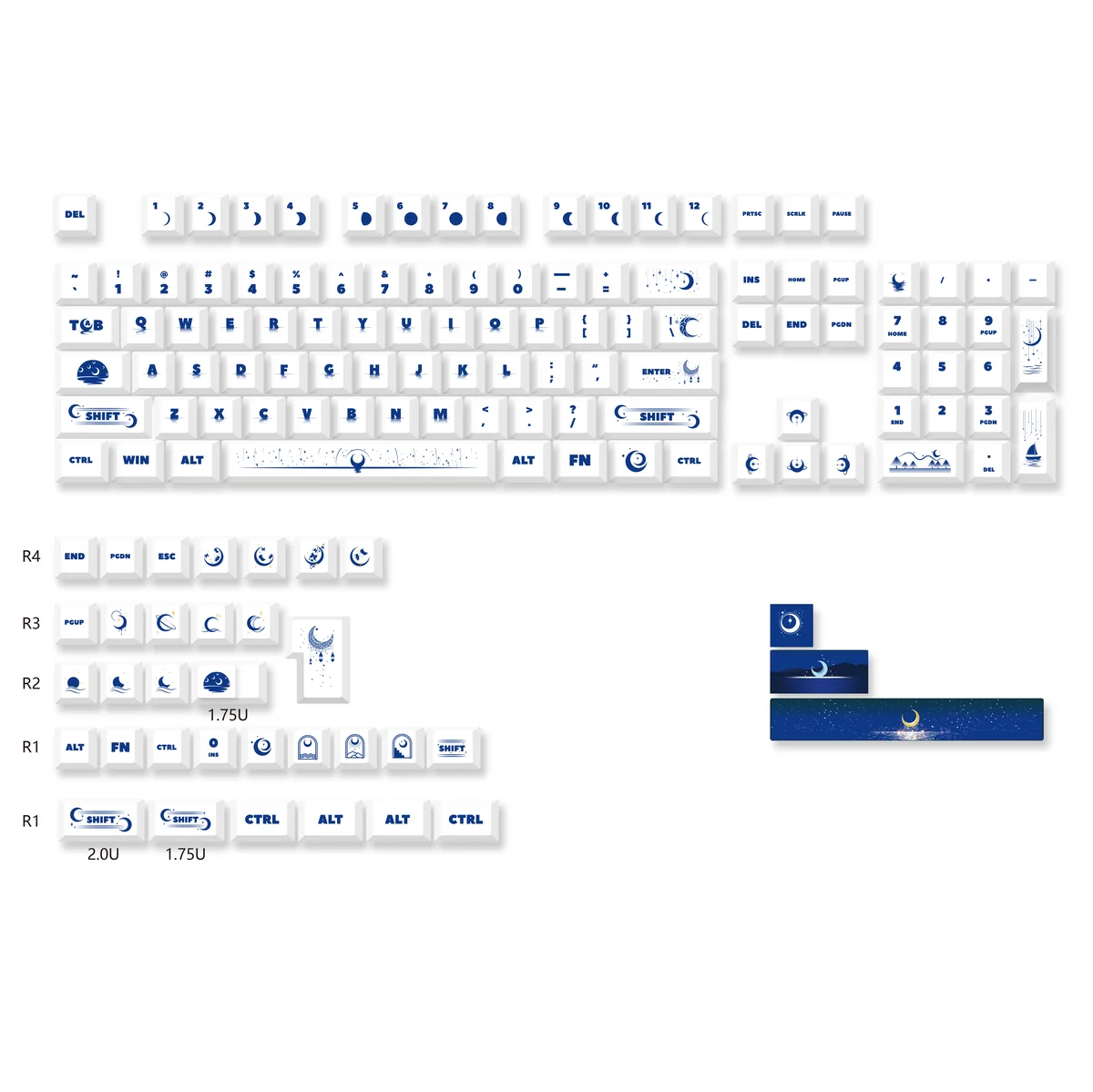 Sea Moon Keycap Set with ambient backlighting, serene desktop setup