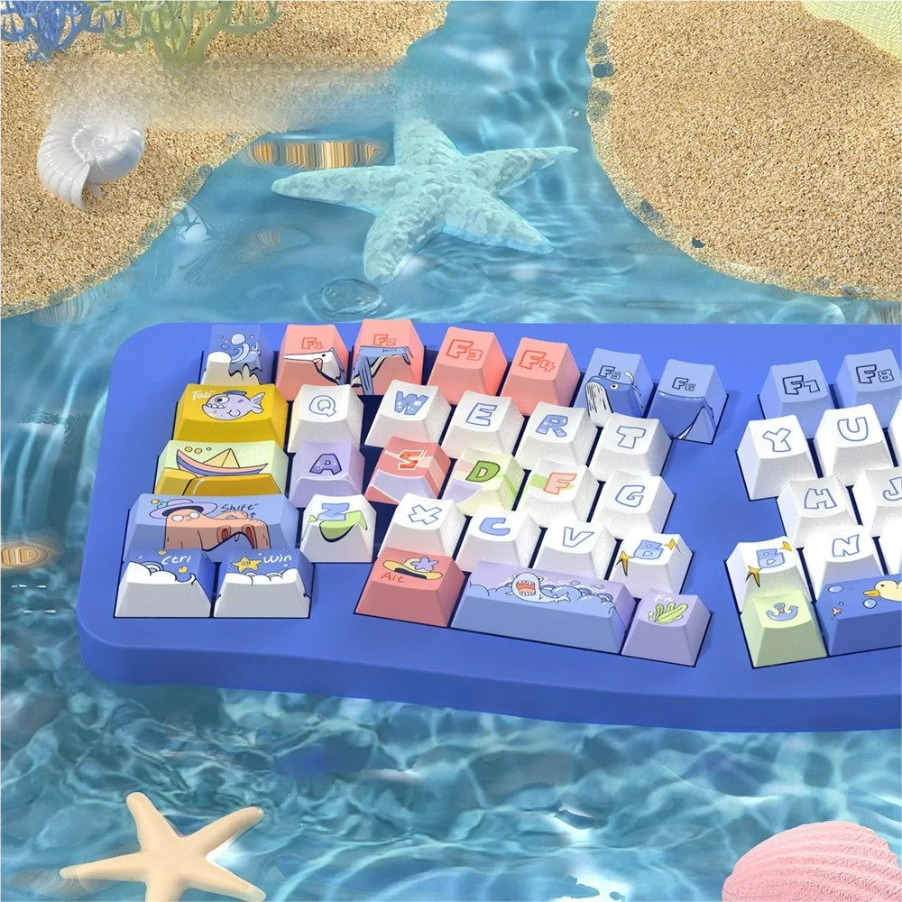 Close-up of a Serene Ocean keycap, revealing subtle marine motifs and crisp dye-sublimated legends