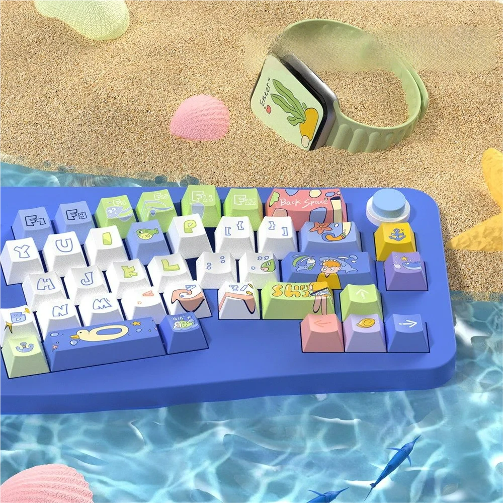 Detail shot of a Serene Ocean keycap, emphasizing the smooth PBT texture and Cherry profile contour