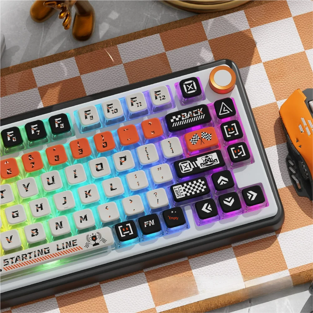 Overhead view of a keyboard featuring the Starting Line MSA PBT Keycap Set, highlighting full layout compatibility