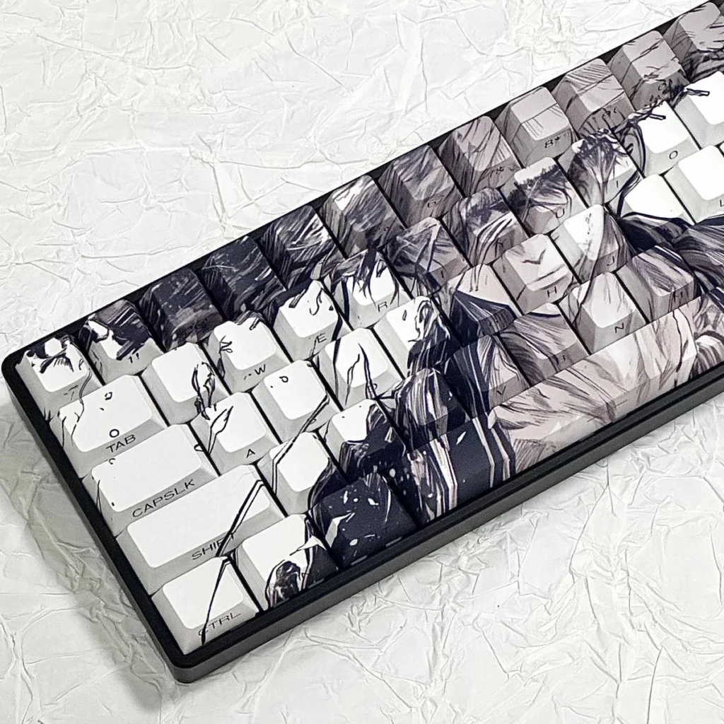 Close-up of Straw Hat keycaps showcasing side-engraved legends and backlighting
