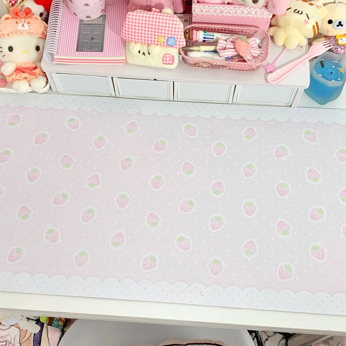 Full desk with Strawberry Desk Mat aesthetic