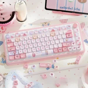 Sweet Marshmallow Keycap Set with MOA profile on a white mechanical keyboard, showcasing pastel colors