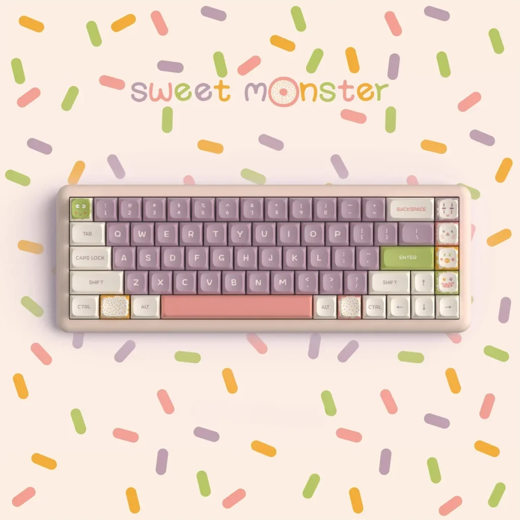 Sweet Monster KDA PBT Keycap Set with whimsical characters on a mechanical keyboard