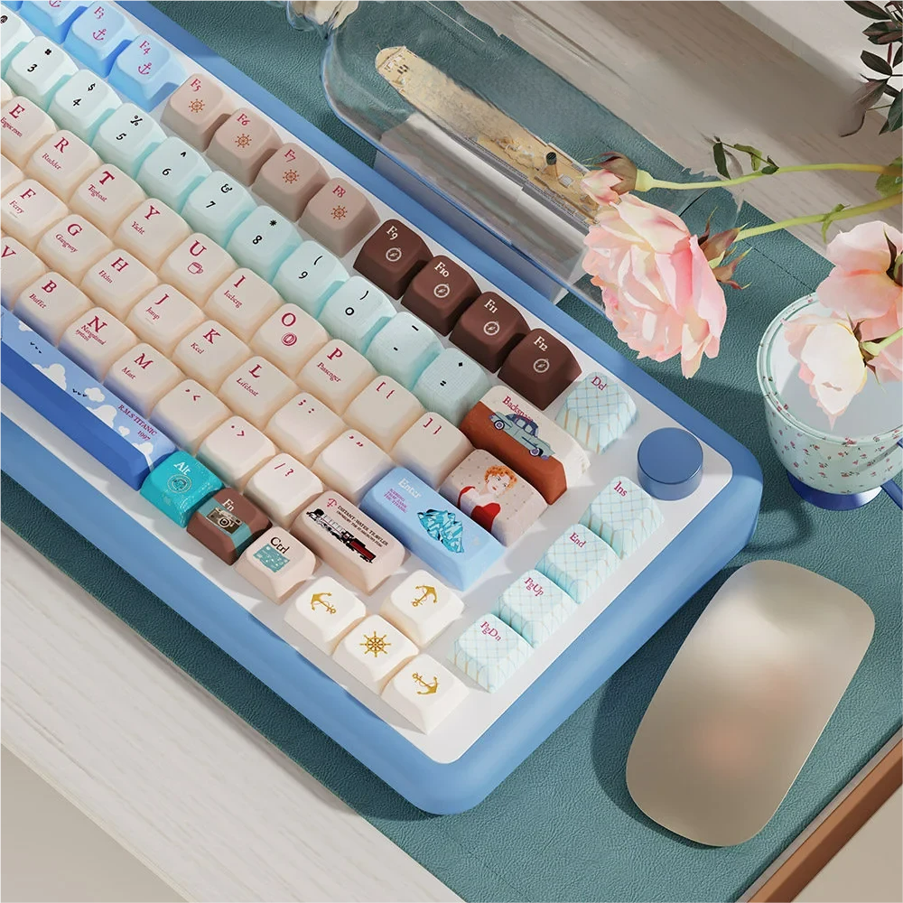 Close-up of Titanic keycap set details, highlighting historical clockwork designs and dye-sublimated legends.