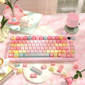 Tulip Bear Keycap Set on mechanical keyboard, featuring whimsical bear and tulip designs.