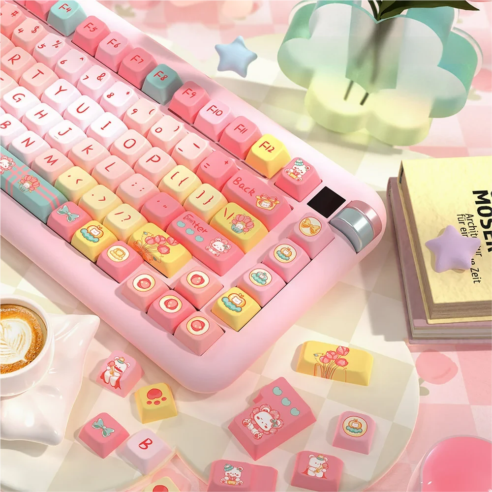 Close-up of Tulip Bear PBT keycaps showcasing dye-sublimated legends and MDA profile.