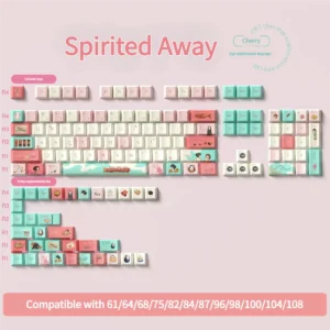 Angled view of the Spirited Away keycap set, illustrating compatibility with different keyboard layouts
