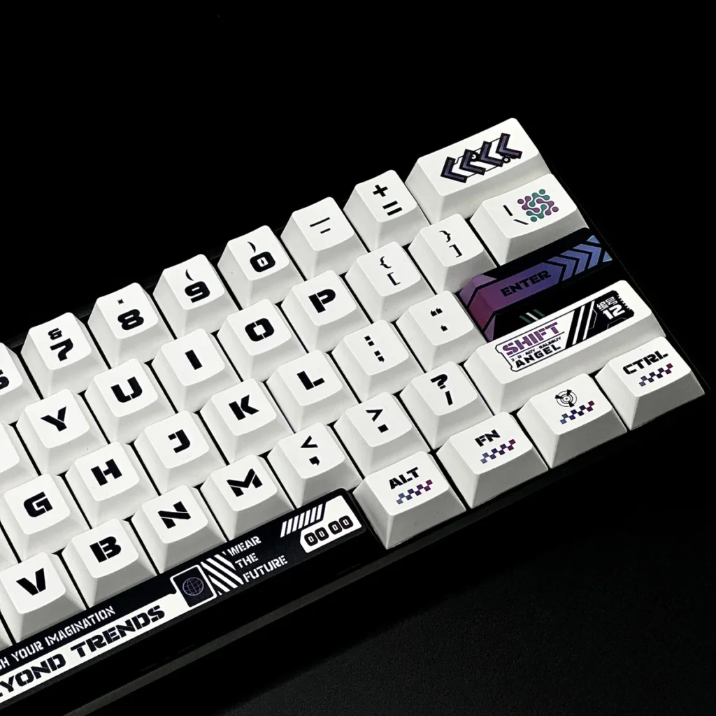 Detailed shot of Warframe character and weapon icons on PBT keycaps